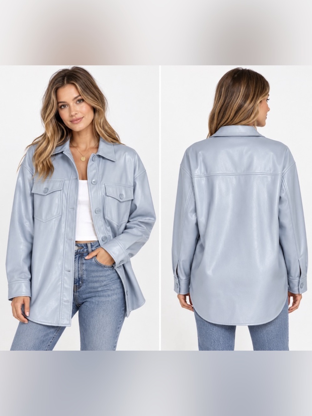 House of Harlow 1960 Faux Leather Oversized Shirt Jacket Ice Blue Size S Small